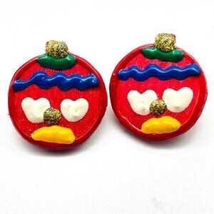 Christmas Ornament Pierced Earrings Painted Wood Red Holiday Decor